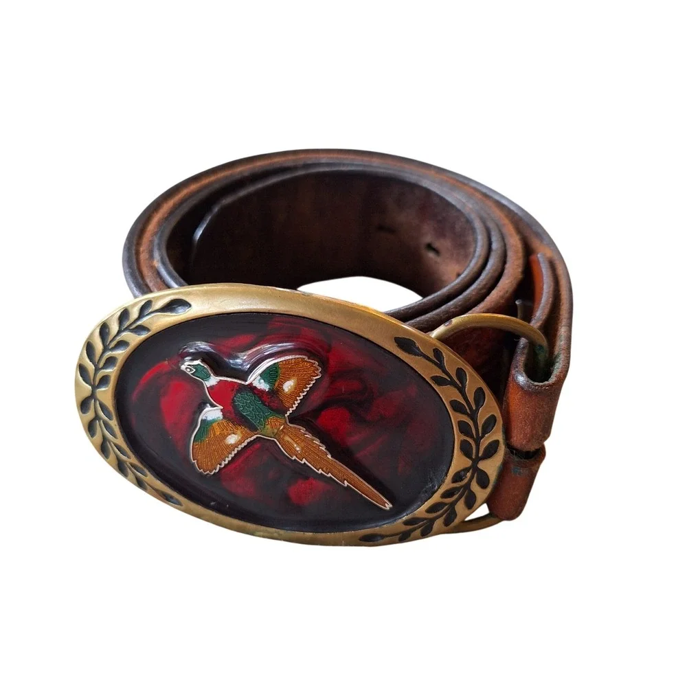Heritage Buckles Solid Brass Vintage Tooled Leather Belt Pheasant Game Bird
